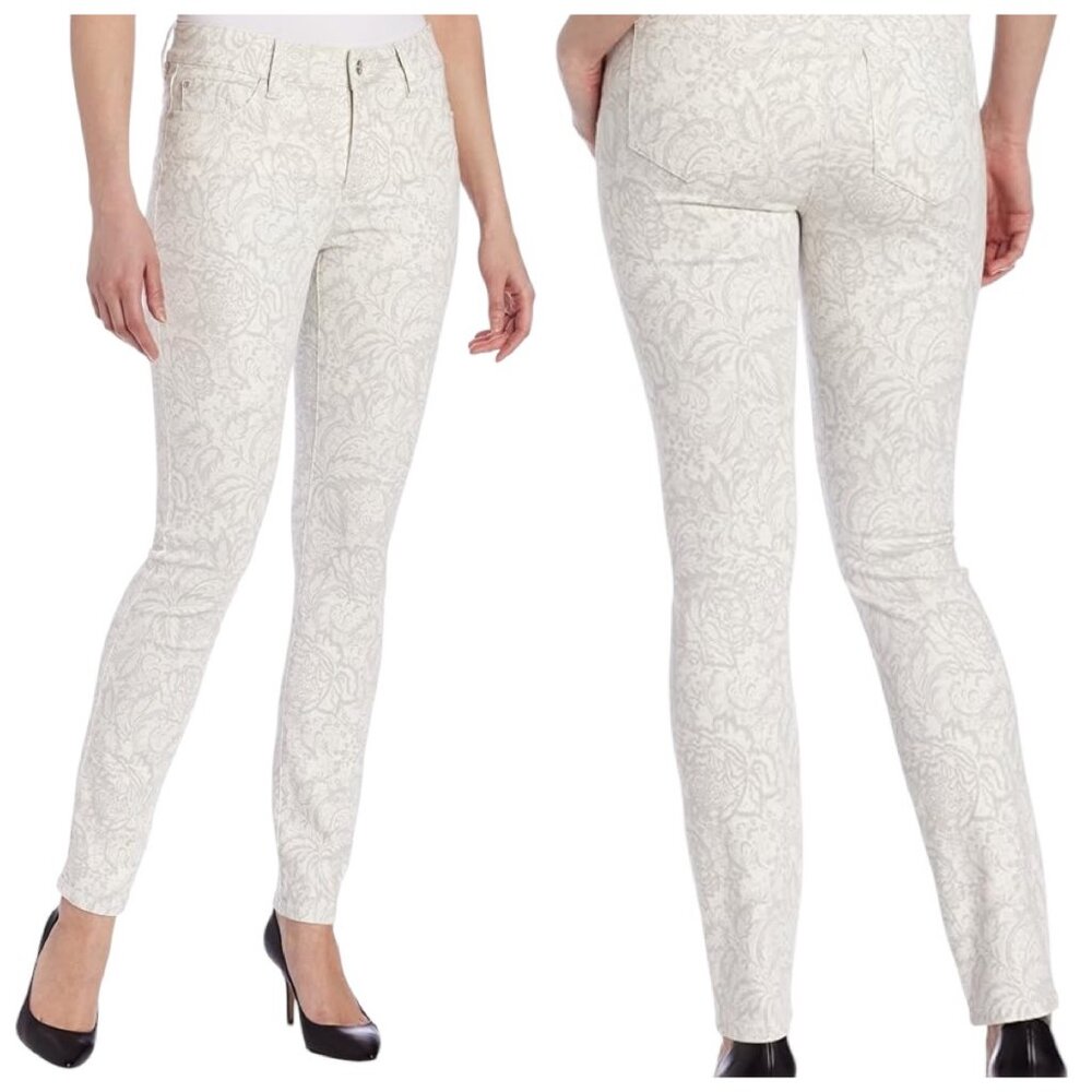 NYDJ Alina Gilded Lily Floral Print Legging  White & Gray - Size 10